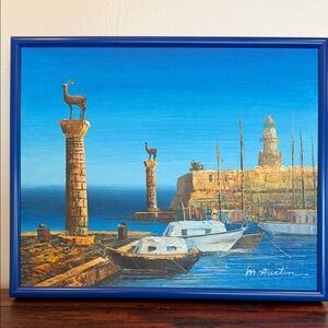 Vintage Painting of Mandraki Harbor in Rhodes, Greece.  By M. Austin.